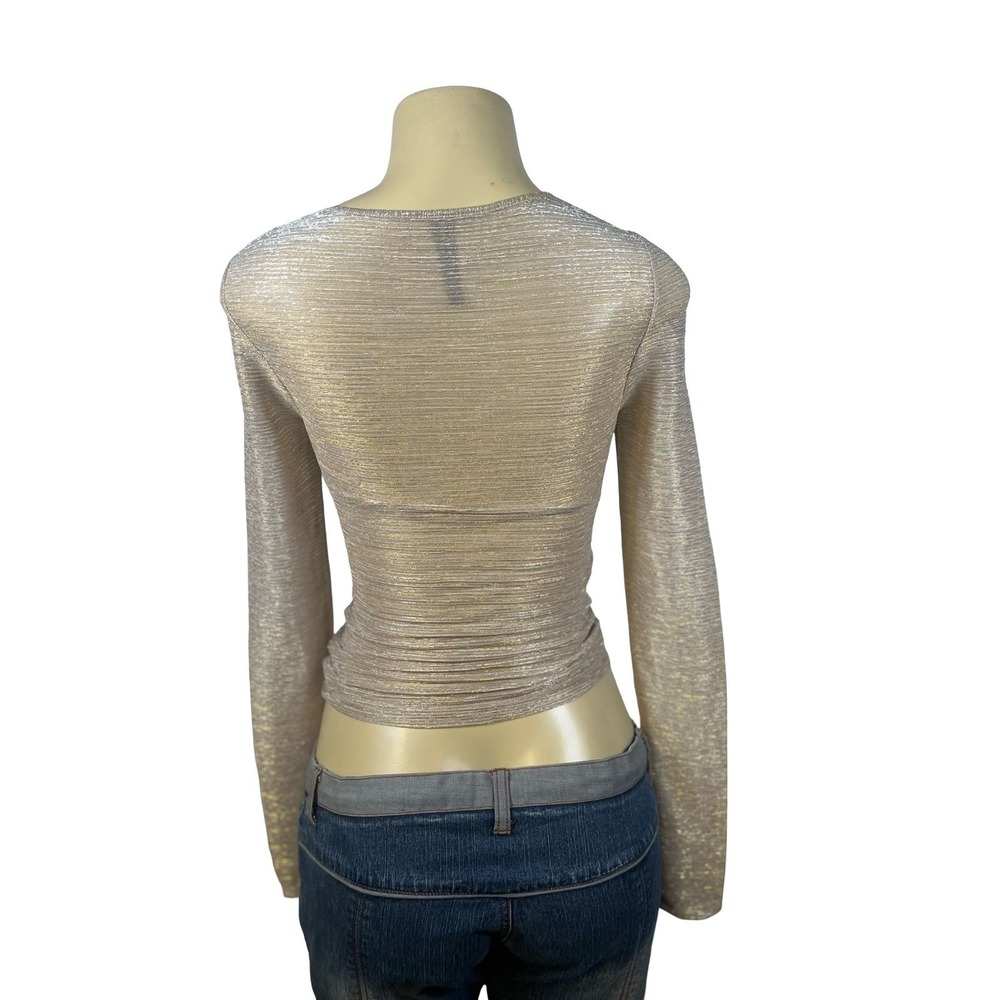 Anthropologie Metallic Twisted Bust Long Sleeve Sheer Top Metallic Gold Sr XXS - Picture 2 of 12